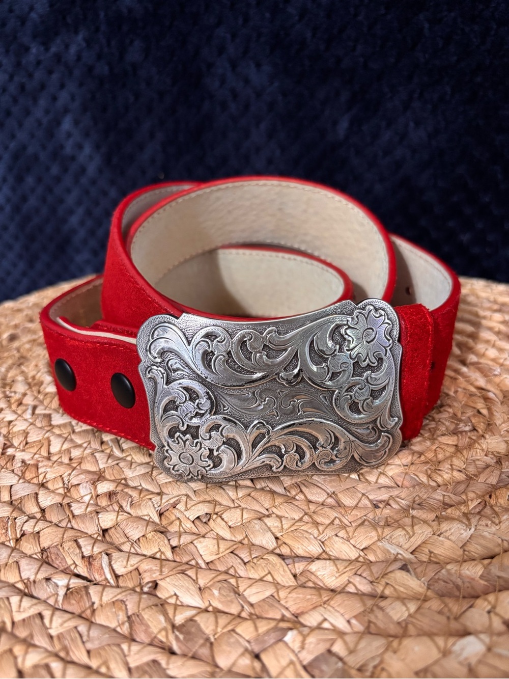 Red Leather Suede Western Belt with Ornate Silver Buckle